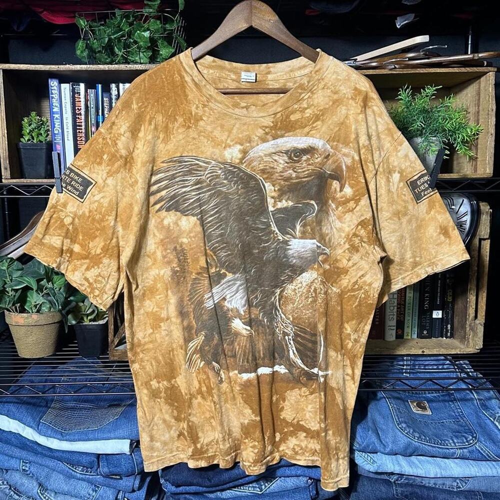 Vintage Y2K Tie Dye Bald Eagle Nature Biker Tee Tan Wildlife Animal Print Shirt